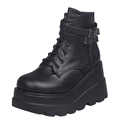 WMNS Cord Laced Double Strap High Top Wedge Sole Sneakers